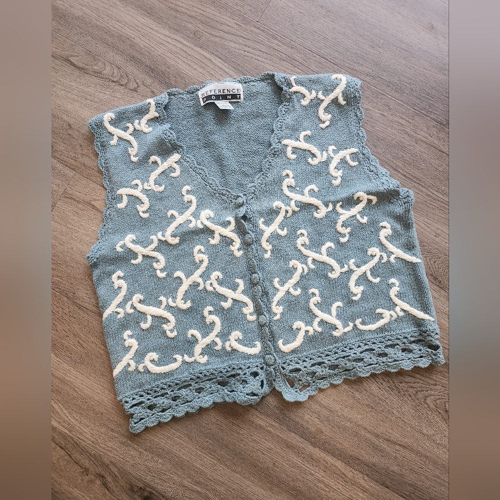Vintage Reference Point Embroidered Blue And White Crochet Sweater Vest